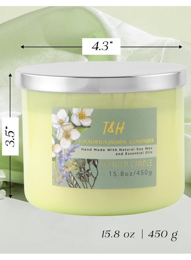 T&H Eucalyptus Jasmine Lavender Candle - Large 3 Wick Scented Candles for Home - Spring Candles - Aromatherapy Stress Relief Candles 15.8 oz, Clean Burn Natural Soy Lavender Candles for Women & Men - Image 3